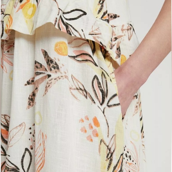 Free People Yellow Leaf Watercolor Cotton Gauze Anita Tiered Maxi Halter Size S - Picture 3 of 15